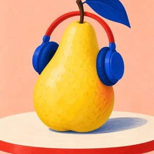 May include: A bright yellow pear wearing vibrant red and blue over-ear headphones. The pear features a single dark blue leaf attached to its brown stem. The illustration is set against a solid light peach background with a soft shadow.