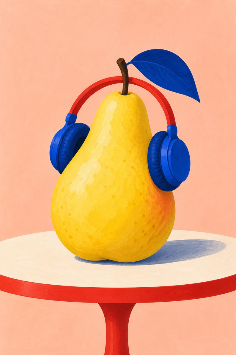 May include: A bright yellow pear wearing vibrant red and blue over-ear headphones. The pear features a single dark blue leaf attached to its brown stem. The illustration is set against a solid light peach background with a soft shadow.