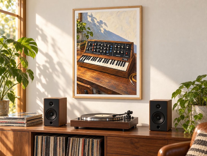 May include: A framed wall art print depicting a vintage analogue synthesiser with a wooden casing, black control panel, and white and black keys. The synthesiser is positioned on a wooden desk, featuring various knobs, switches, and a patch cable.