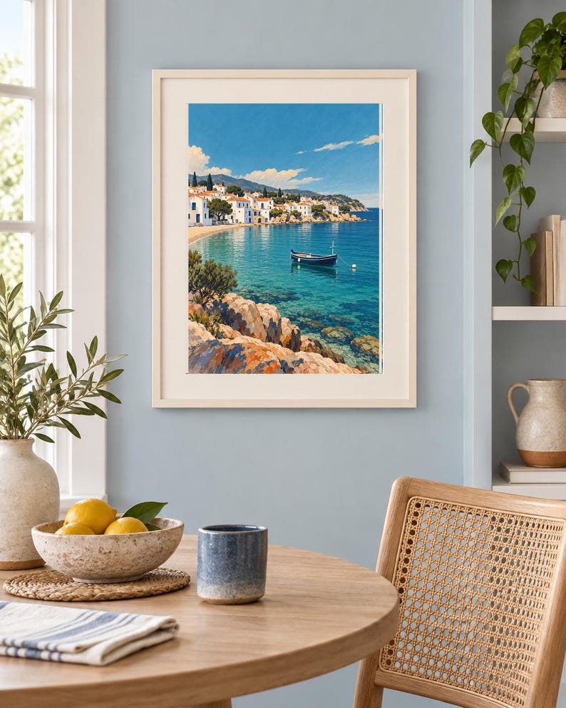 May include: A framed wall art print depicting a coastal Mediterranean scene with a small blue boat floating on clear turquoise water, rocky foreground cliffs, and a village of white buildings with orange roofs under a bright blue sky.
