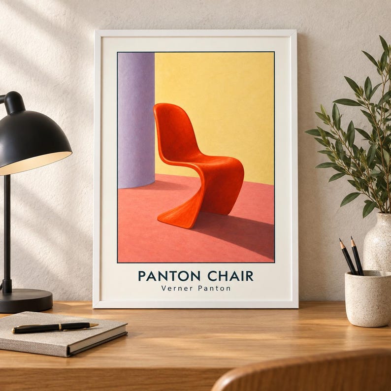 May include: A framed art print featuring a vibrant orange S-shaped chair centered against a yellow wall and a purple pillar on a pink floor. The text PANTON CHAIR and Verner Panton is printed in black at the bottom of the white-bordered poster.