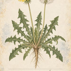 May include: A botanical illustration of a dandelion plant on a textured cream background. The image features a yellow flower, a white seed head, green serrated leaves, and a taproot. Text includes HERBARIO PLANTAS MEDICINALES 16/40, DIENTE DE LE&Oacute;N, Taraxacum officinale, and a description of the plant.