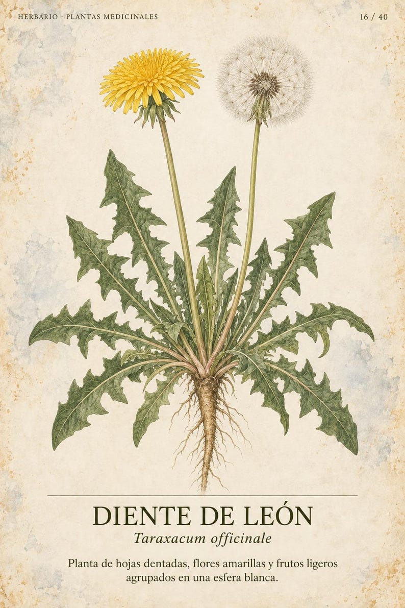 May include: A botanical illustration of a dandelion plant on a textured cream background. The image features a yellow flower, a white seed head, green serrated leaves, and a taproot. Text includes HERBARIO PLANTAS MEDICINALES 16/40, DIENTE DE LE&Oacute;N, Taraxacum officinale, and a description of the plant.