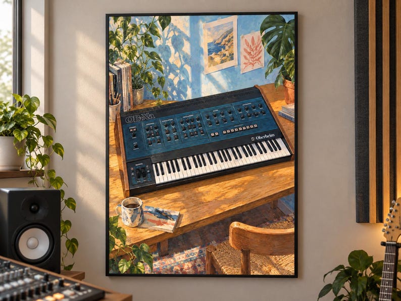 Pu&ograve; includere: Una stampa artistica da parete incorniciata che raffigura un sintetizzatore Oberheim OB-Xa su una scrivania in legno. La scena include una tazza, libri e piante in vaso in una stanza soleggiata con ombre blu sulla parete.