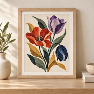 May include: A framed wall art print featuring a botanical illustration of three tulips in red, purple, and dark blue. The flowers are surrounded by green and golden-yellow leaves against a cream-colored background, all encased in a light wood frame.