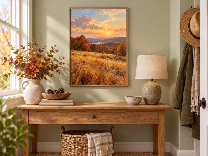 May include: A framed landscape painting depicting a golden autumn sunset over rolling hills and a distant river. The scene features tall, dry grasses in the foreground, vibrant orange and red trees, and a soft, glowing sky with scattered clouds.