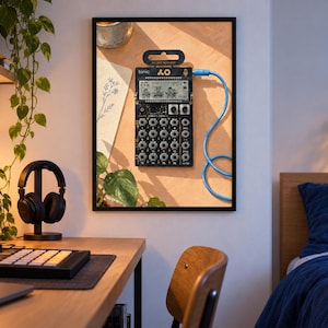 May include: A black Teenage Engineering PO-32 Tonic pocket operator synthesizer featuring a monochrome LCD screen with animated graphics, sixteen numbered buttons, two rotary knobs, and a bright blue audio cable plugged into the top port.