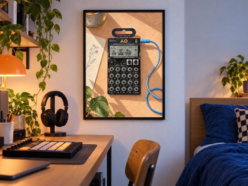 May include: A black Teenage Engineering PO-32 Tonic pocket operator synthesizer featuring a monochrome LCD screen with animated graphics, sixteen numbered buttons, two rotary knobs, and a bright blue audio cable plugged into the top port.