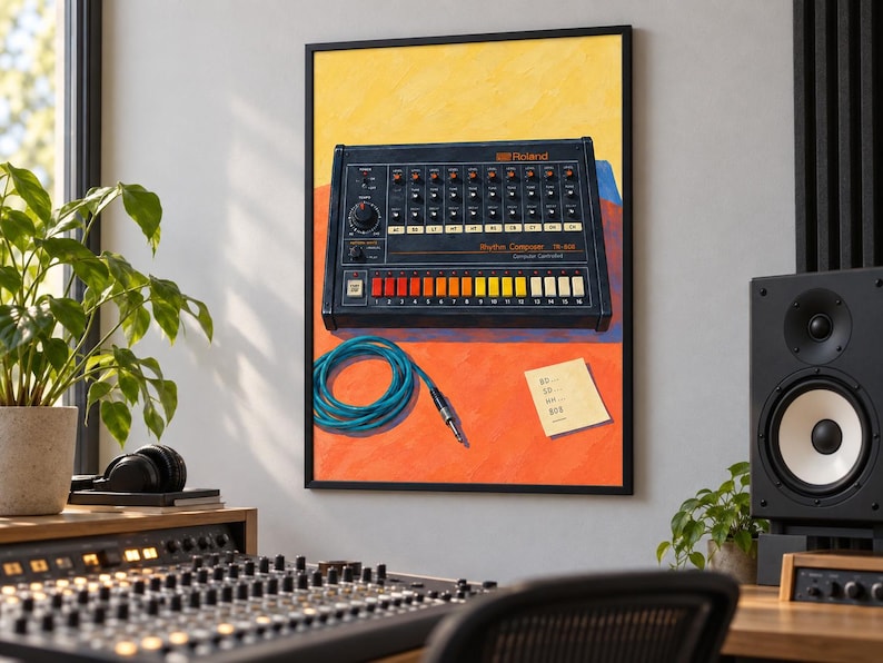 Op de afbeelding: Een ingelijste kunstdruk van een zwarte Roland TR-808 Rhythm Composer drumcomputer met oranje, gele en witte knoppen. Onder het apparaat liggen een opgerolde blauwe audiokabel en een klein geel briefje met tekst op een feloranje achtergrond.