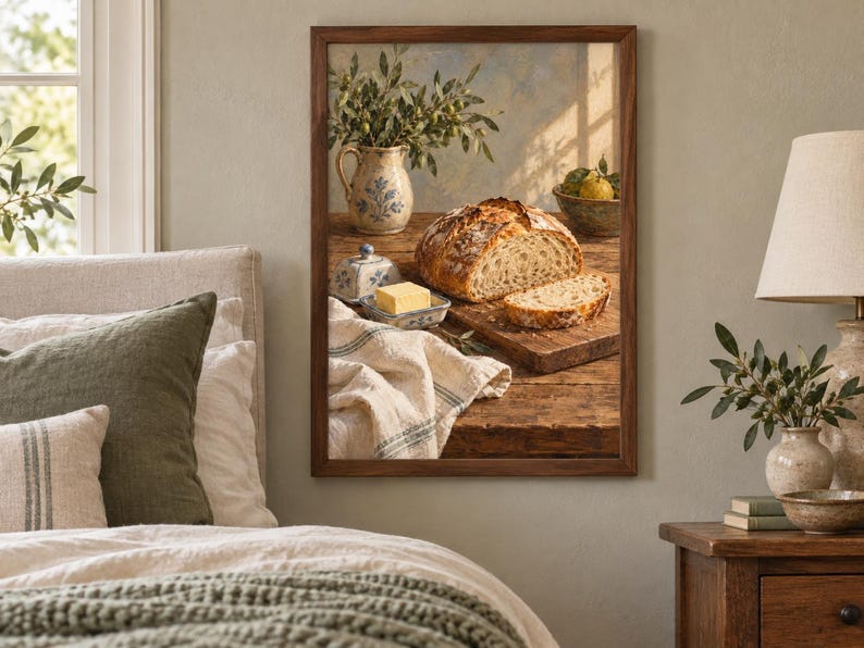 Peut inclure: Une impression d'art murale encadr&eacute;e repr&eacute;sentant une nature morte rustique sur une table en bois. L'image montre une miche de pain au levain tranch&eacute;e, une noisette de beurre jaune dans un plat en c&eacute;ramique, un pichet avec des brins verts et un bol de poires.