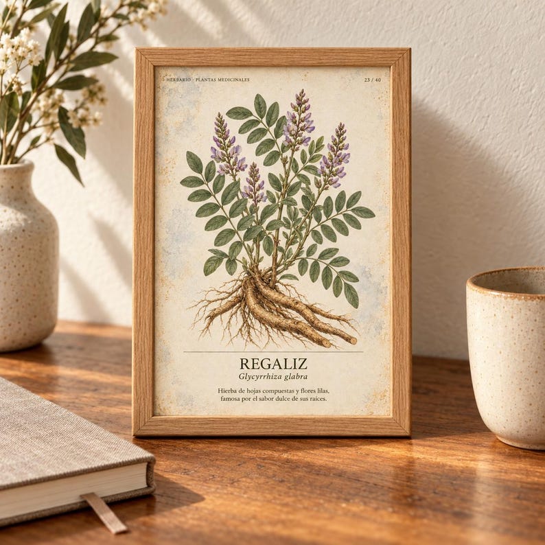 May include: A framed botanical print featuring a detailed illustration of a licorice plant with green leaves, purple flowers, and exposed roots. The text reads "HERBARIO PLANTAS MEDICINALES", "REGALIZ", "Glycyrrhiza glabra", and a descriptive sentence.