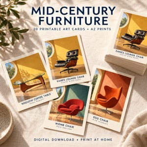 K&ouml;nnte beinhalten: Ein Set aus 20 druckbaren Kunstkarten und A2-Drucken mit dem Titel Mid-Century Furniture. Die Karten zeigen Illustrationen eines Eames Lounge Chairs, eines Noguchi Couchtisches, eines Womb Chairs und eines Egg Chairs mit Designer-Namen.