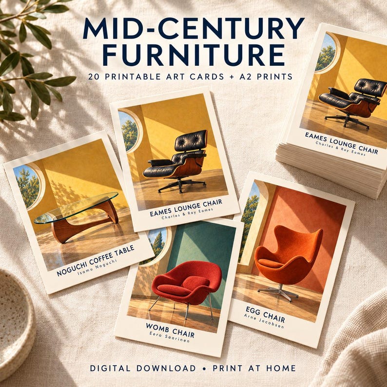K&ouml;nnte beinhalten: Ein Set aus 20 druckbaren Kunstkarten und A2-Drucken mit dem Titel Mid-Century Furniture. Die Karten zeigen Illustrationen eines Eames Lounge Chairs, eines Noguchi Couchtisches, eines Womb Chairs und eines Egg Chairs mit Designer-Namen.