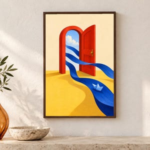 May include: A framed rectangular wall art print featuring a surreal scene with a bright red open door standing on a yellow floor. A flowing blue ribbon-like stream emerges from the doorway, winding across the floor with a small white paper boat.
