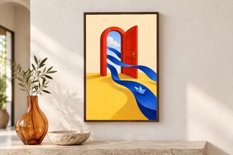 May include: A framed rectangular wall art print featuring a surreal scene with a bright red open door standing on a yellow floor. A flowing blue ribbon-like stream emerges from the doorway, winding across the floor with a small white paper boat.