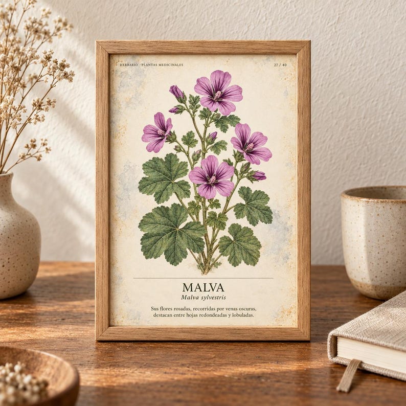 Op de afbeelding: Een rechthoekige houten lijst met een botanische print van een Malva sylvestris plant met paarse bloemen en groene bladeren op een cr&egrave;mekleurige achtergrond. De tekst luidt HERBARIO PLANTAS MEDICINALES, 27/40, MALVA, Malva sylvestris en Spaanse tekst.