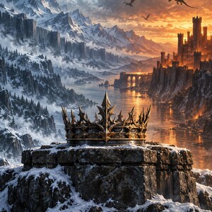 May include: A metallic crown with sharp, pointed edges sits atop a snow-covered stone pedestal. The background features a landscape with snow-capped mountains, a river, a castle, and flying dragons. The text Game of Thrones 2011 is at the bottom.
