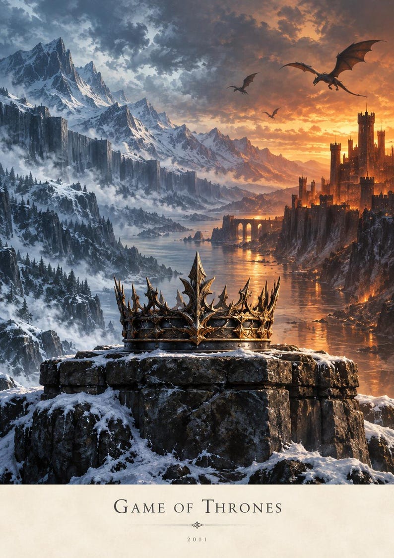 May include: A metallic crown with sharp, pointed edges sits atop a snow-covered stone pedestal. The background features a landscape with snow-capped mountains, a river, a castle, and flying dragons. The text Game of Thrones 2011 is at the bottom.