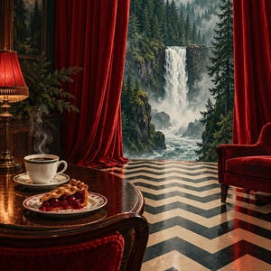 May include: A poster featuring a room with red velvet curtains, a chevron floor, a table with a cup of coffee and a slice of cherry pie, and a view of a waterfall in a forest. The text at the bottom reads Twin Peaks 1990 in black lettering.