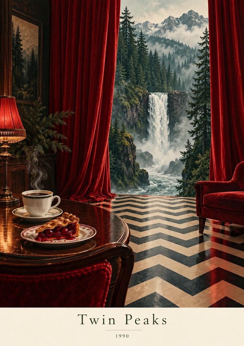 May include: A poster featuring a room with red velvet curtains, a chevron floor, a table with a cup of coffee and a slice of cherry pie, and a view of a waterfall in a forest. The text at the bottom reads Twin Peaks 1990 in black lettering.