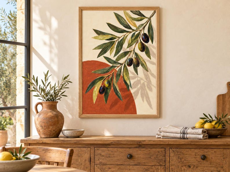 May include: A framed wall art print featuring a painted olive branch with dark green leaves and ripe olives hanging over a large, solid terracotta-colored circle against a cream-colored background, enclosed in a light-toned wooden frame.