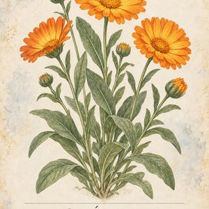 May include: A botanical illustration of a calendula plant with bright orange flowers and green leaves on a textured cream background. The text reads HERBARIO PLANTAS MEDICINALES 11 / 40, CAL&Eacute;NDULA, Calendula officinalis, and a descriptive sentence.