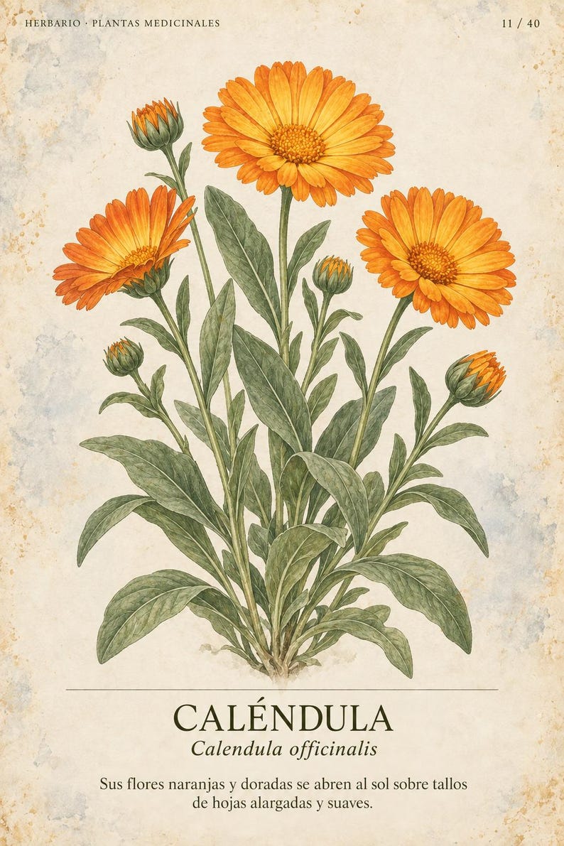 May include: A botanical illustration of a calendula plant with bright orange flowers and green leaves on a textured cream background. The text reads HERBARIO PLANTAS MEDICINALES 11 / 40, CAL&Eacute;NDULA, Calendula officinalis, and a descriptive sentence.