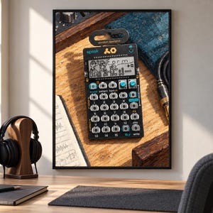 Puede incluir: Un sintetizador de bolsillo negro con una pantalla digital que muestra el texto "speak" y "Form", m&uacute;ltiples botones circulares plateados, dos perillas de color verde azulado y una cuadr&iacute;cula de teclas numeradas del 1 al 16 en una placa.