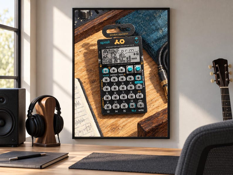 Puede incluir: Un sintetizador de bolsillo negro con una pantalla digital que muestra el texto "speak" y "Form", m&uacute;ltiples botones circulares plateados, dos perillas de color verde azulado y una cuadr&iacute;cula de teclas numeradas del 1 al 16 en una placa.