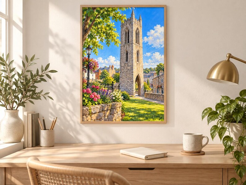 May include: A framed wall art print depicting a tall, weathered stone bell tower under a bright blue sky. The scene includes a lush green lawn, a stone wall, vibrant pink and purple flowers, a black lamppost, and distant buildings in the background.