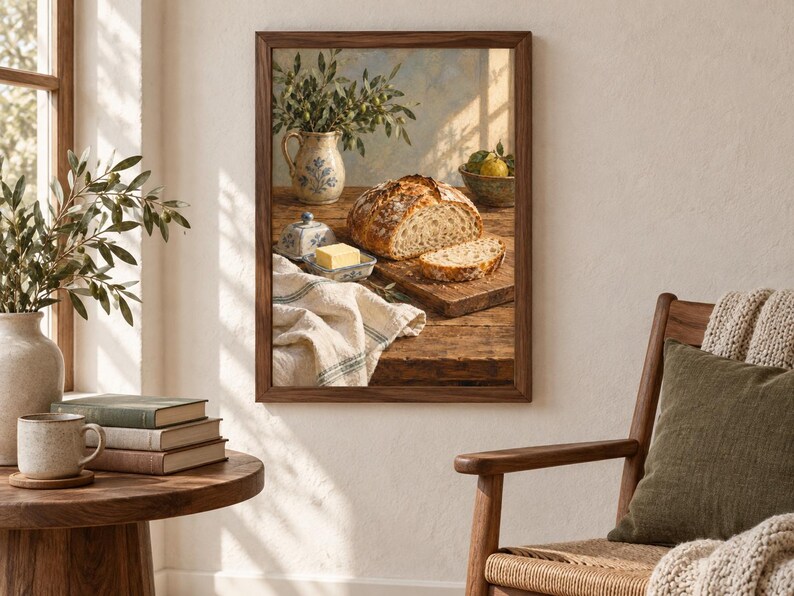 Peut inclure: Une impression d'art mural encadr&eacute;e repr&eacute;sentant une nature morte rustique sur une table en bois. L'image montre une miche de pain au levain croustillant, une tranche de pain, un beurrier en c&eacute;ramique avec une motte de beurre et un pichet.