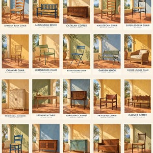 May include: A grid of twenty individual panels, each displaying a different piece of furniture labeled with its name and origin, including chairs, benches, cabinets, and tables, set against a consistent Mediterranean-style architectural backdrop.