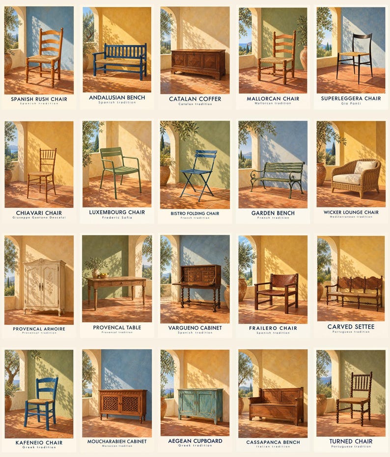 May include: A grid of twenty individual panels, each displaying a different piece of furniture labeled with its name and origin, including chairs, benches, cabinets, and tables, set against a consistent Mediterranean-style architectural backdrop.
