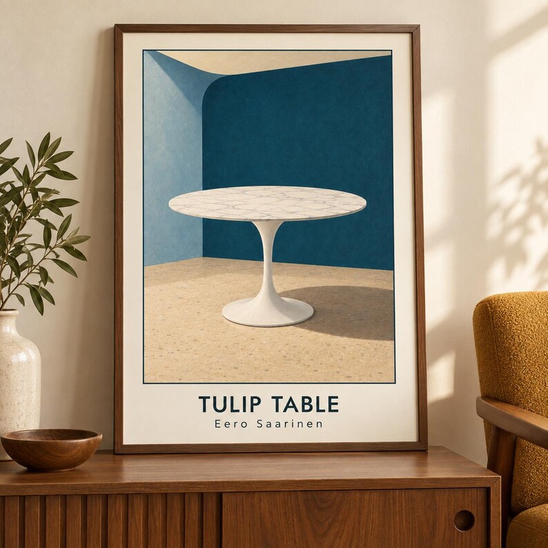 May include: A framed wall art print featuring a white marble Tulip table with a pedestal base centered in a room with blue walls and a beige speckled floor. The text TULIP TABLE and Eero Saarinen is printed in black at the bottom of the poster.