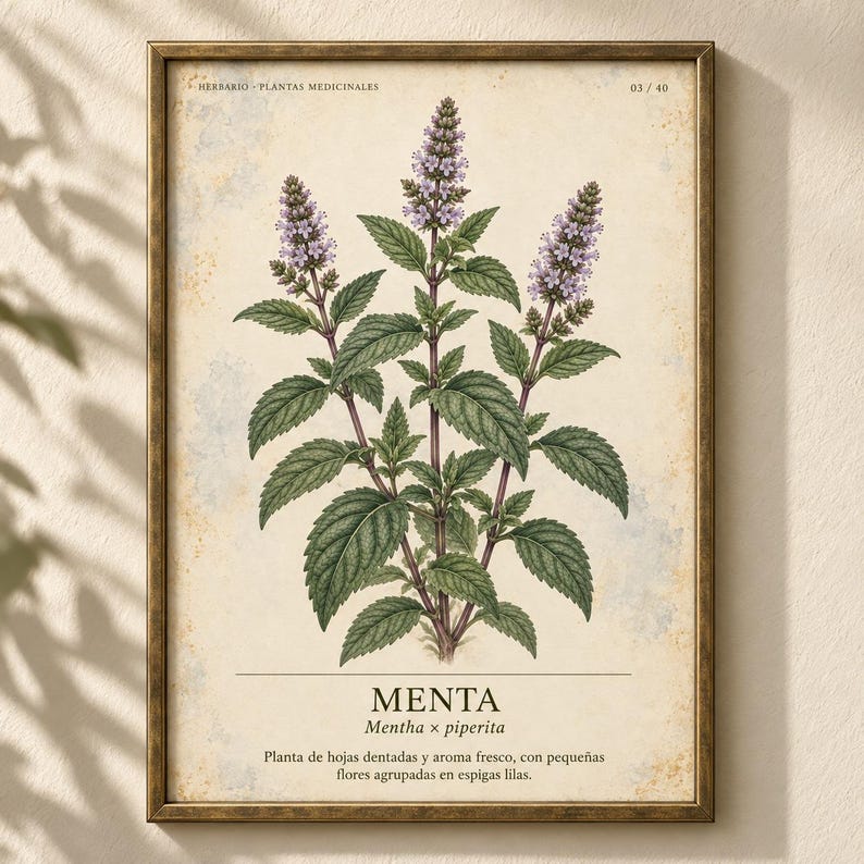 Op de afbeelding: Een ingelijste botanische print met een gedetailleerde illustratie van een muntplant met groene gekartelde bladeren en paarse bloemaren. De tekst luidt HERBARIO PLANTAS MEDICINALES 03/40, MENTA, Mentha x piperita en een Spaanstalige beschrijving.