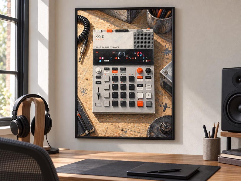 Pu&ograve; includere: Una stampa da parete incorniciata raffigurante un campionatore K.O. II con telaio grigio chiaro, pulsanti neri e accenti arancioni. Il dispositivo mostra il testo K.O. II e 128 MB SAMPLER COMPOSER su uno sfondo con texture in legno.