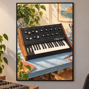 May include: A Moog Prodigy analog synthesizer featuring a black control panel with numerous knobs and switches, a white and black keyboard, and wooden side panels. The instrument is displayed on a blue wooden surface with an orange cable.