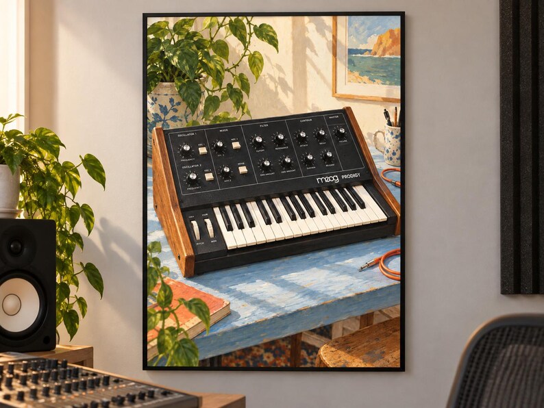 May include: A Moog Prodigy analog synthesizer featuring a black control panel with numerous knobs and switches, a white and black keyboard, and wooden side panels. The instrument is displayed on a blue wooden surface with an orange cable.