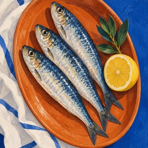 K&ouml;nnte beinhalten: Ein &Ouml;lgem&auml;lde von drei silber-blauen Sardinen auf einer ovalen, terrakottafarbenen Keramikplatte. Eine halbierte gelbe Zitrone und ein kleiner Zweig mit gr&uuml;nen Lorbeerbl&auml;ttern liegen neben den Fischen auf einem wei&szlig;en Tuch mit blauen Streifen.