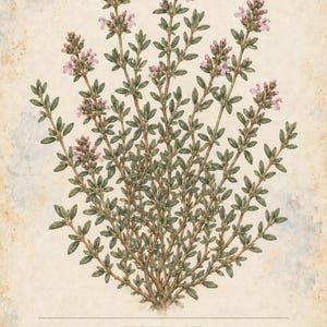 May include: A botanical illustration of a thyme plant with small green leaves and clusters of light pink flowers. The text reads HERBARIUM MEDICINAL PLANTS 06 / 40, THYME, Thymus vulgaris, and A small shrub with tiny, aromatic leaves and pink flowers that attract pollinators.