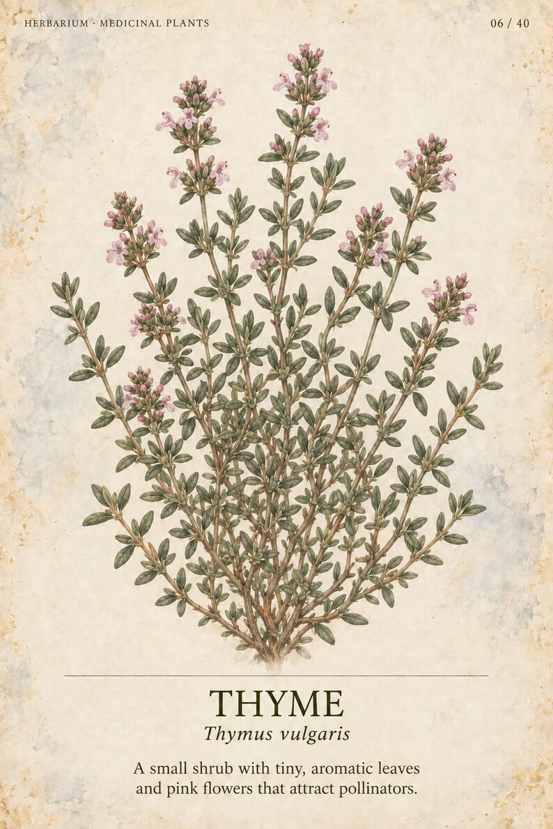 May include: A botanical illustration of a thyme plant with small green leaves and clusters of light pink flowers. The text reads HERBARIUM MEDICINAL PLANTS 06 / 40, THYME, Thymus vulgaris, and A small shrub with tiny, aromatic leaves and pink flowers that attract pollinators.