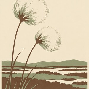 May include: A graphic art print featuring two fluffy white bog cotton plants in the foreground against a landscape of brown and green rolling hills and marshy terrain. The word OFFALY is printed in a simple serif font at the bottom center.