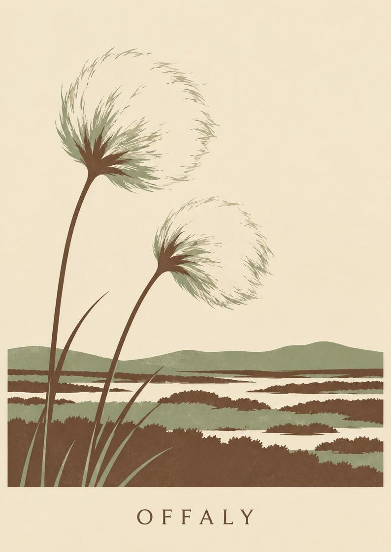 May include: A graphic art print featuring two fluffy white bog cotton plants in the foreground against a landscape of brown and green rolling hills and marshy terrain. The word OFFALY is printed in a simple serif font at the bottom center.