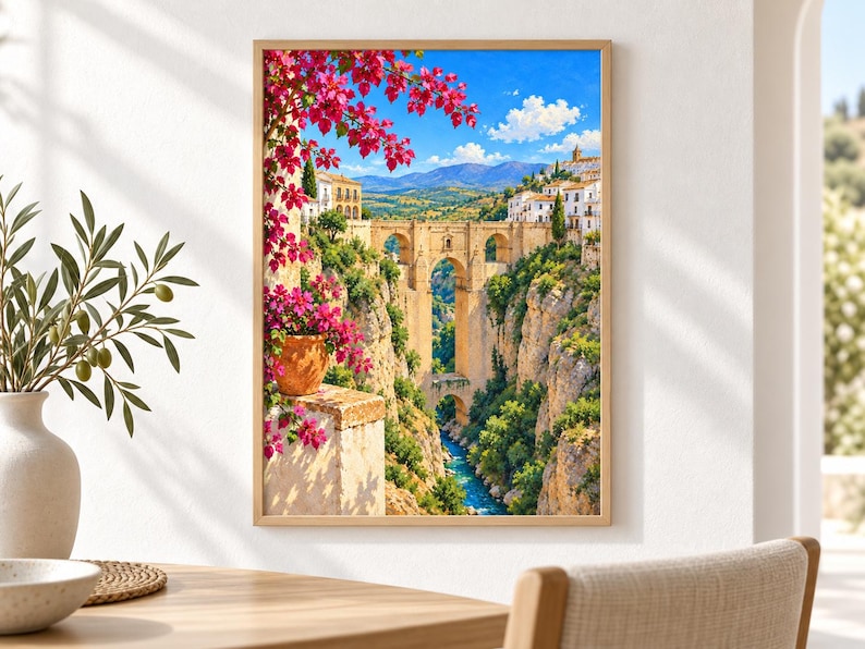 Pu&ograve; includere: Una stampa d'arte incorniciata che raffigura un paesaggio pittoresco con un ponte in pietra su una gola profonda. La scena presenta vivaci fiori di bouganville rosa in un vaso di terracotta, edifici bianchi su scogliere e un fiume blu.