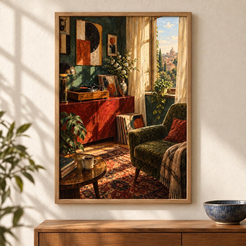 May include: A framed wall art print depicting a cozy room interior with a green velvet armchair, a red sideboard holding a record player, a round coffee table with a mug, a patterned rug, and a window view of a distant city landscape.