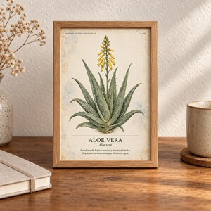 May include: A framed botanical print featuring a detailed illustration of an aloe vera plant with green, serrated leaves and a yellow flower spike. The print includes the text ALOE VERA and descriptive Spanish text on a cream-colored background.