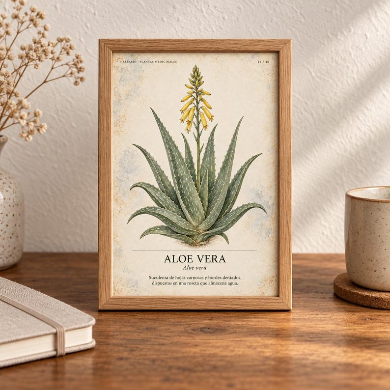 May include: A framed botanical print featuring a detailed illustration of an aloe vera plant with green, serrated leaves and a yellow flower spike. The print includes the text ALOE VERA and descriptive Spanish text on a cream-colored background.