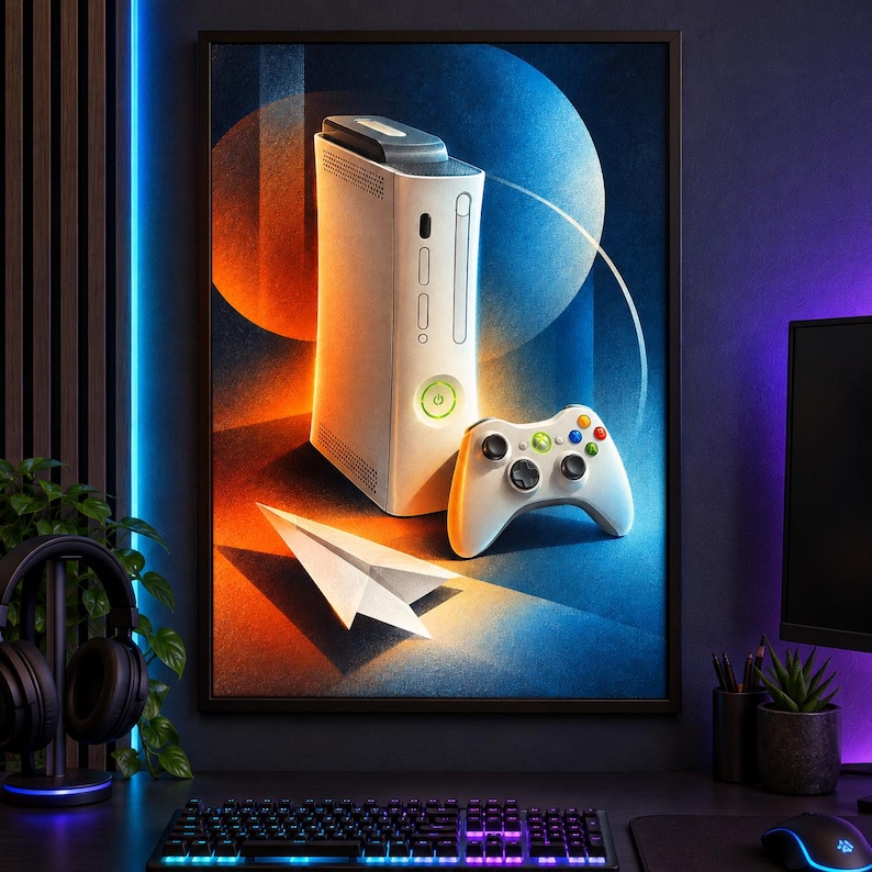 May include: A framed wall art print featuring a white video game console and a matching wireless controller. A white paper airplane rests in the foreground. The background displays a vibrant abstract composition of orange and blue circular shapes.