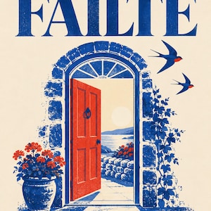 Puede incluir: Una l&aacute;mina con la palabra F&Aacute;ILTE en azul sobre un arco de piedra con una puerta roja brillante. A la izquierda hay una maceta azul con flores rojas, mientras que a la derecha vuelan dos golondrinas azules. Se ve una costa por la puerta.