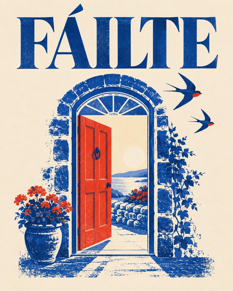 Puede incluir: Una l&aacute;mina con la palabra F&Aacute;ILTE en azul sobre un arco de piedra con una puerta roja brillante. A la izquierda hay una maceta azul con flores rojas, mientras que a la derecha vuelan dos golondrinas azules. Se ve una costa por la puerta.
